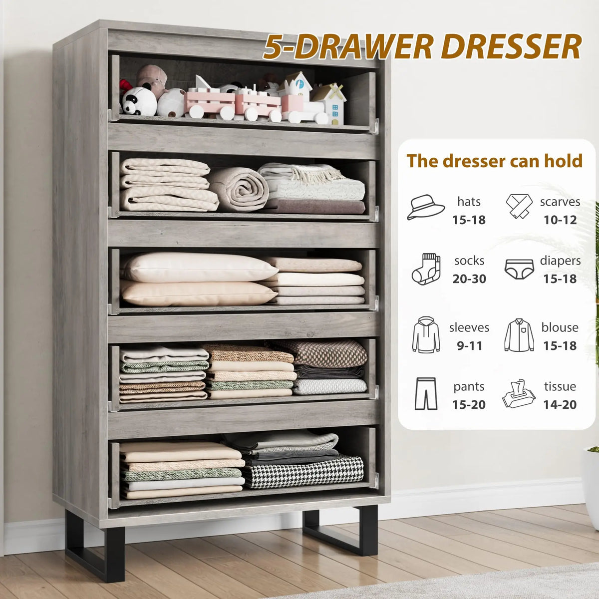 HiMISS 5 Drawer Wooden Dresser Freestanding Bedroom Storage Cabinet