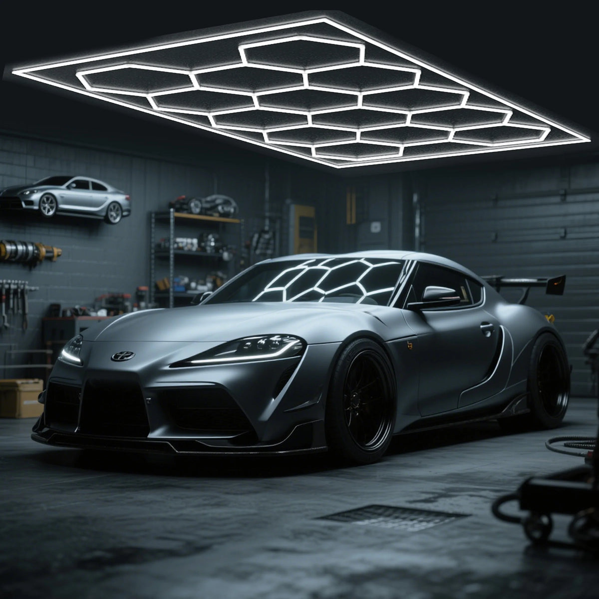 Hexagon LED Garage Lighting for Auto Repair and Car Detailing