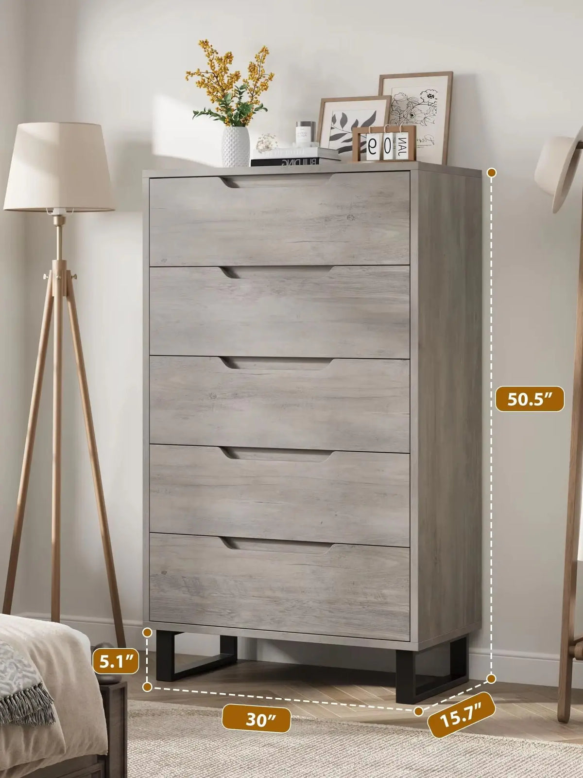 HiMISS 5 Drawer Wooden Dresser Freestanding Bedroom Storage Cabinet
