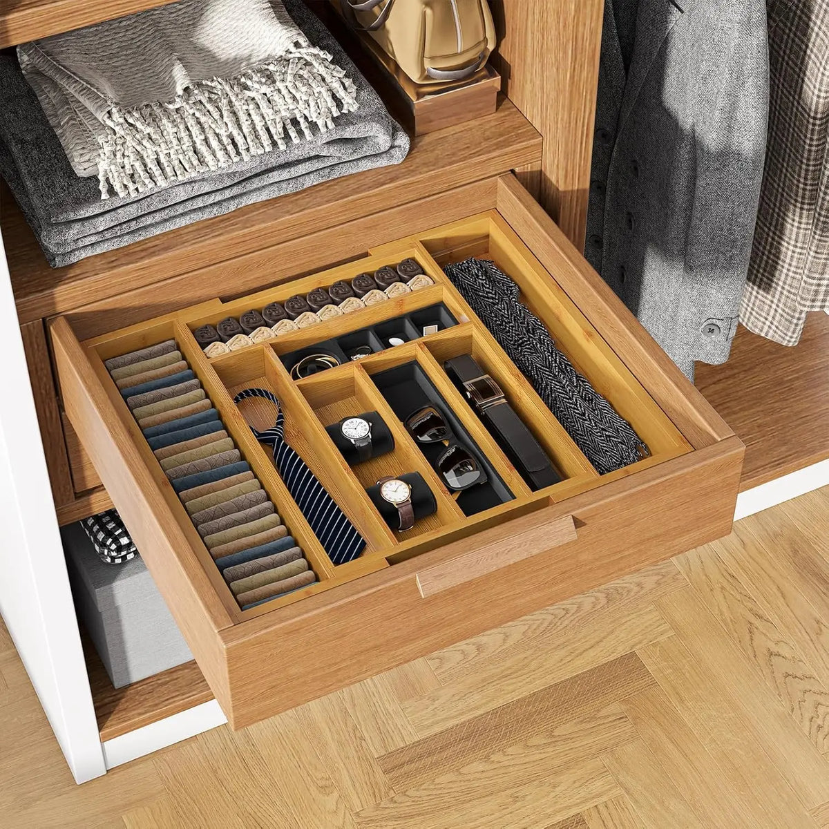 Adjustable Bamboo Drawer Organizer for Cutlery and Kitchen Utensils