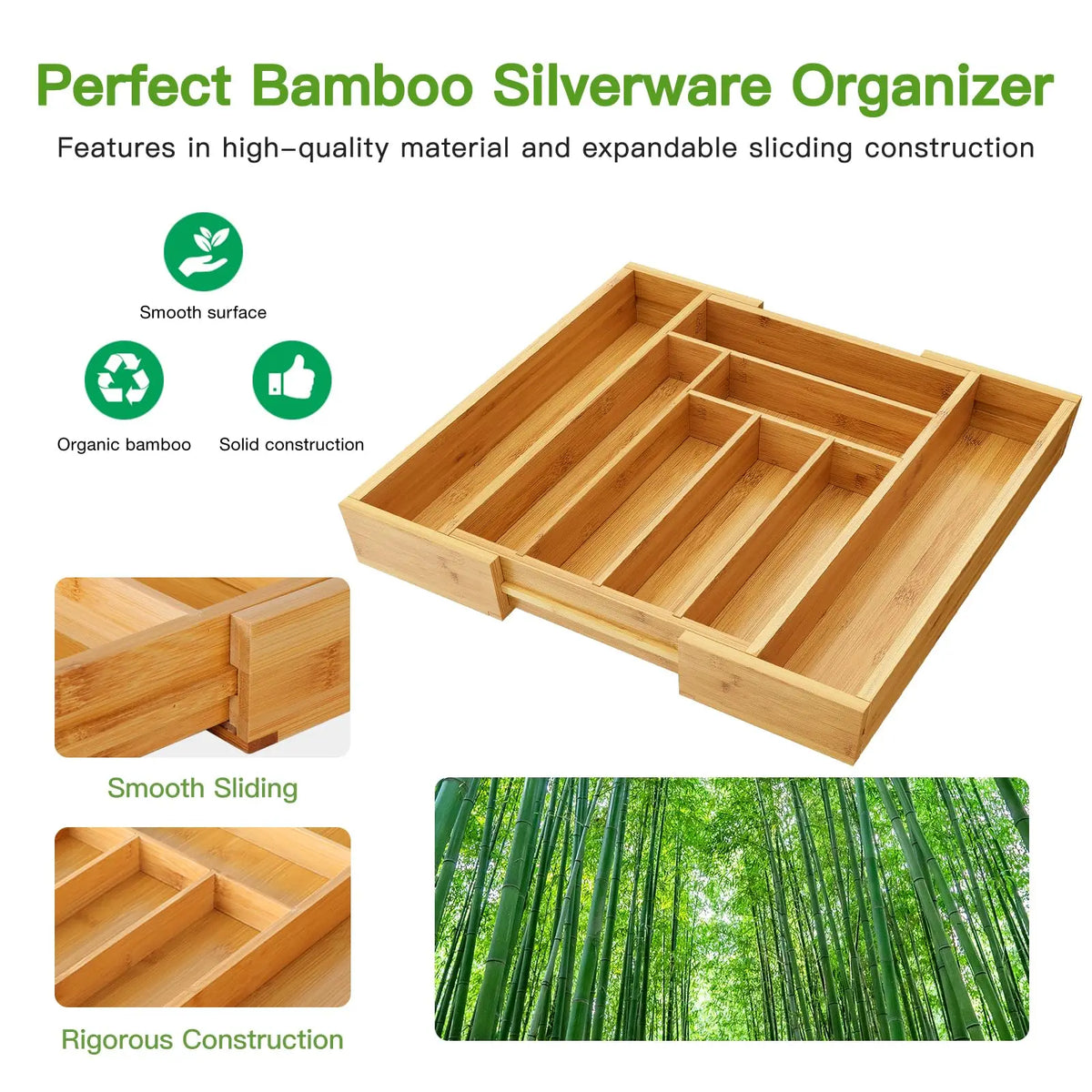 Adjustable Bamboo Drawer Organizer for Cutlery and Kitchen Utensils