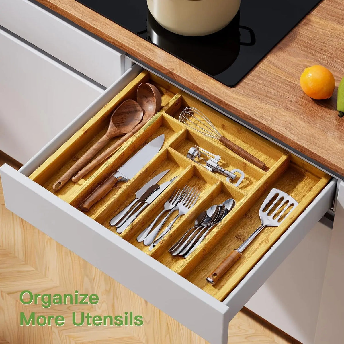 Adjustable Bamboo Drawer Organizer for Cutlery and Kitchen Utensils