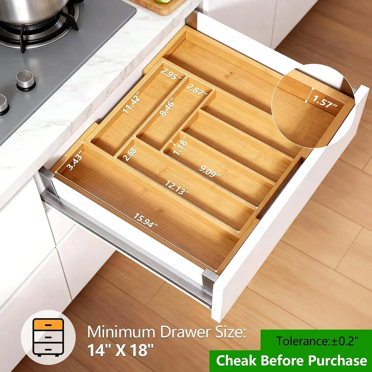 Adjustable Bamboo Drawer Organizer for Cutlery and Kitchen Utensils