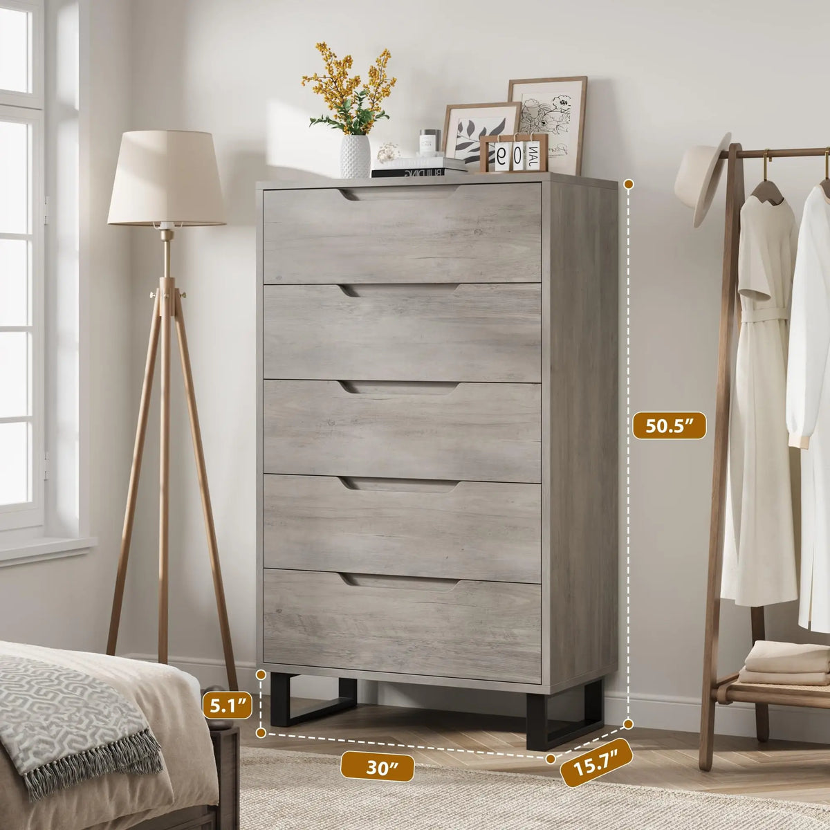 HiMISS 5 Drawer Wooden Dresser Freestanding Bedroom Storage Cabinet