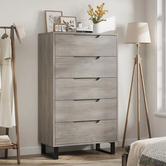 HiMISS 5 Drawer Wooden Dresser Freestanding Bedroom Storage Cabinet
