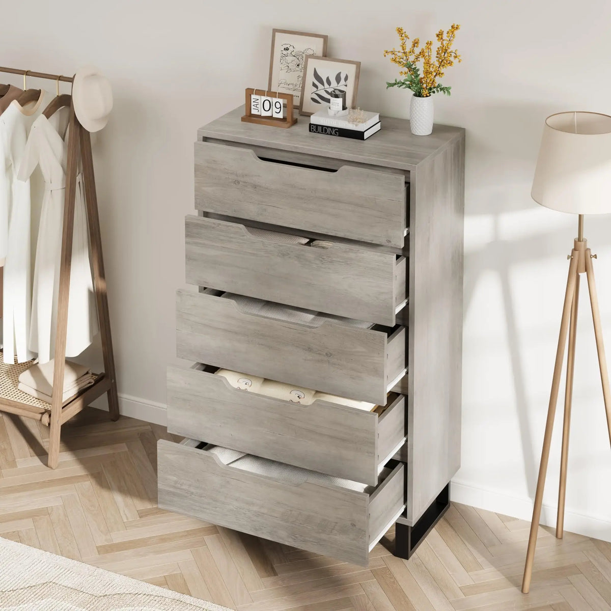 HiMISS 5 Drawer Wooden Dresser Freestanding Bedroom Storage Cabinet