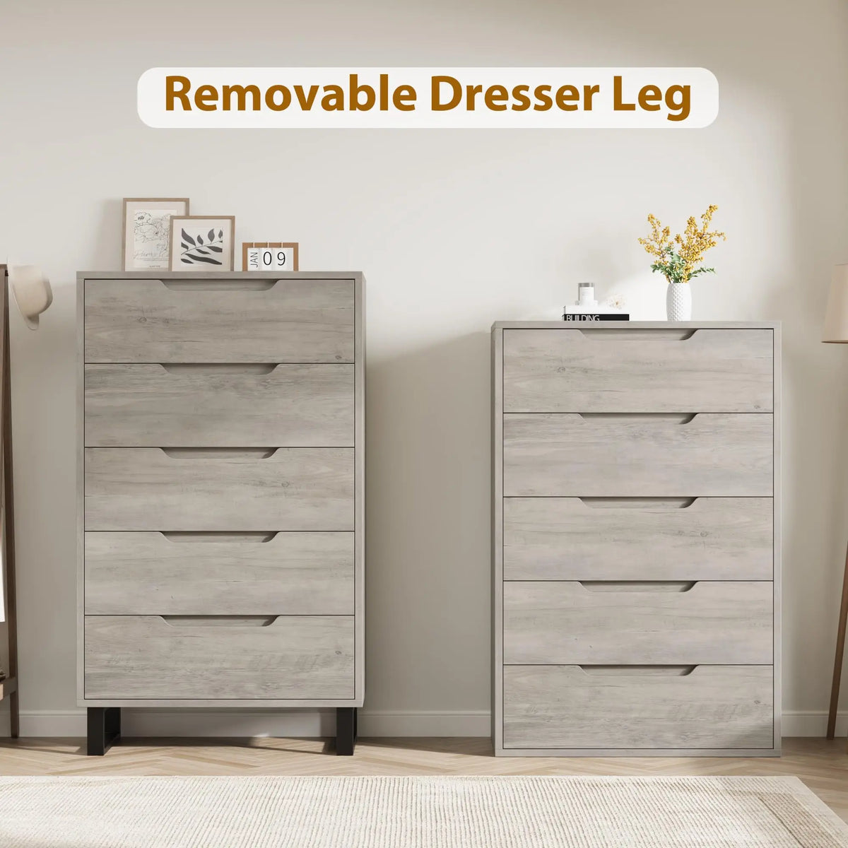 HiMISS 5 Drawer Wooden Dresser Freestanding Bedroom Storage Cabinet